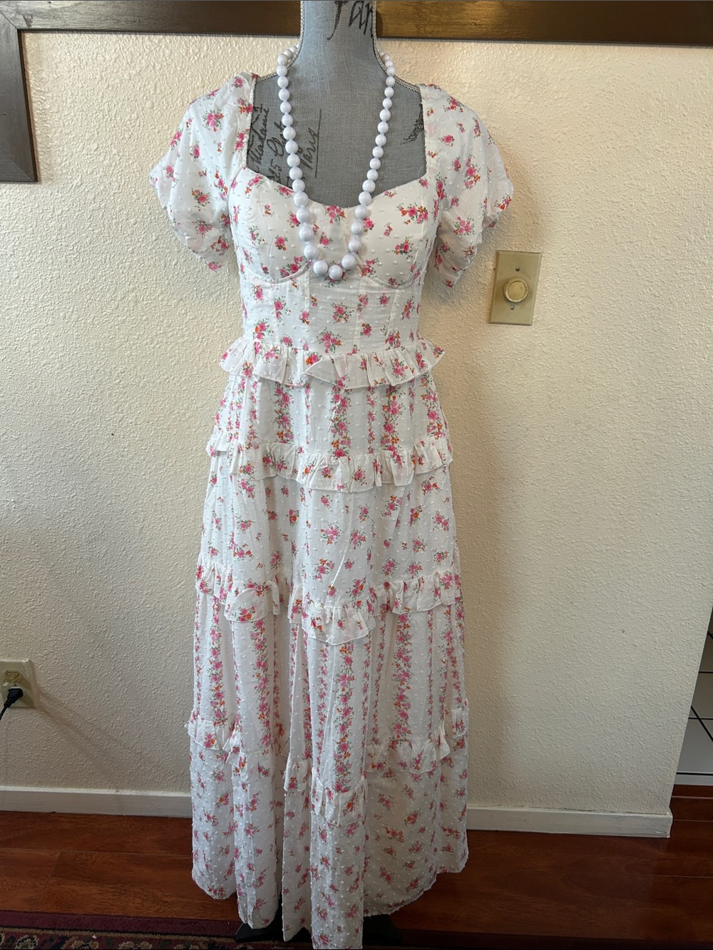 White Maxi Dress with Pink Floral Print and Ruffle Tiers